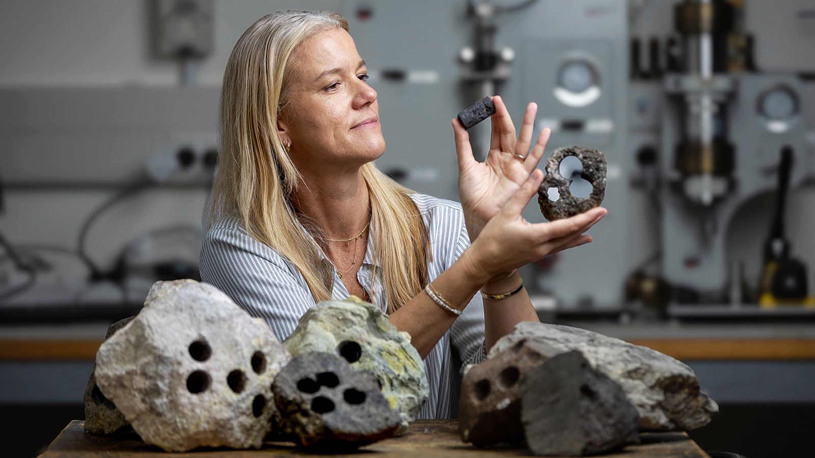 Associate Professor Mila Adam holding a porous rock in a lab