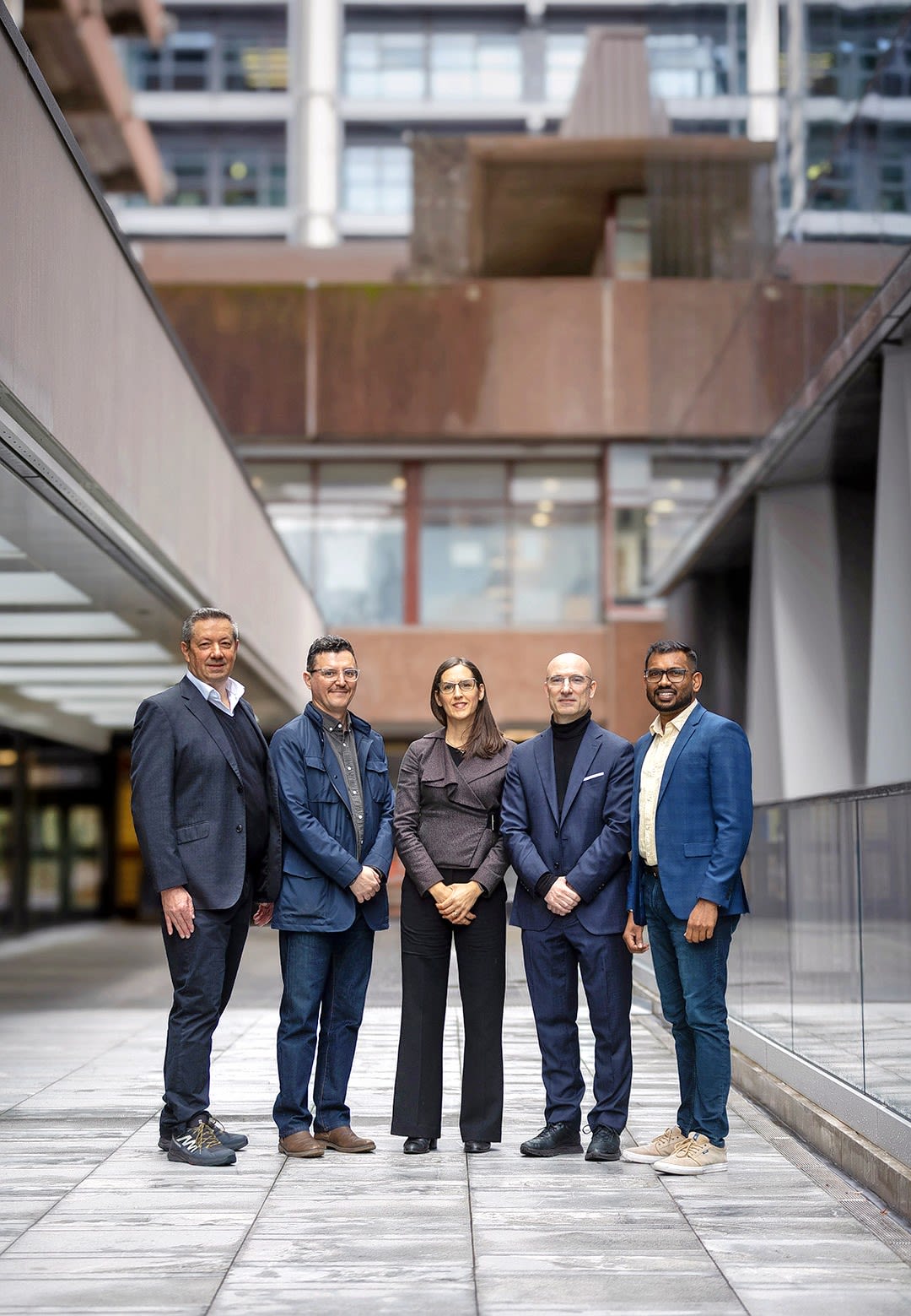 Future Cities Research Centre director Professor Paola Boarin (centre) with research area leads (L-R) Associate Professor Manfredo Manfredini, Dr Mohsen Mohammadzadeh, Dr Alessandro Premier and Dr Iresh Jayawardena. Credit: Chris Loufte